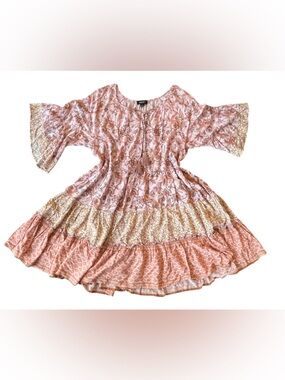 Boho Pink Floral Midi Dress with Tassel Tie size L